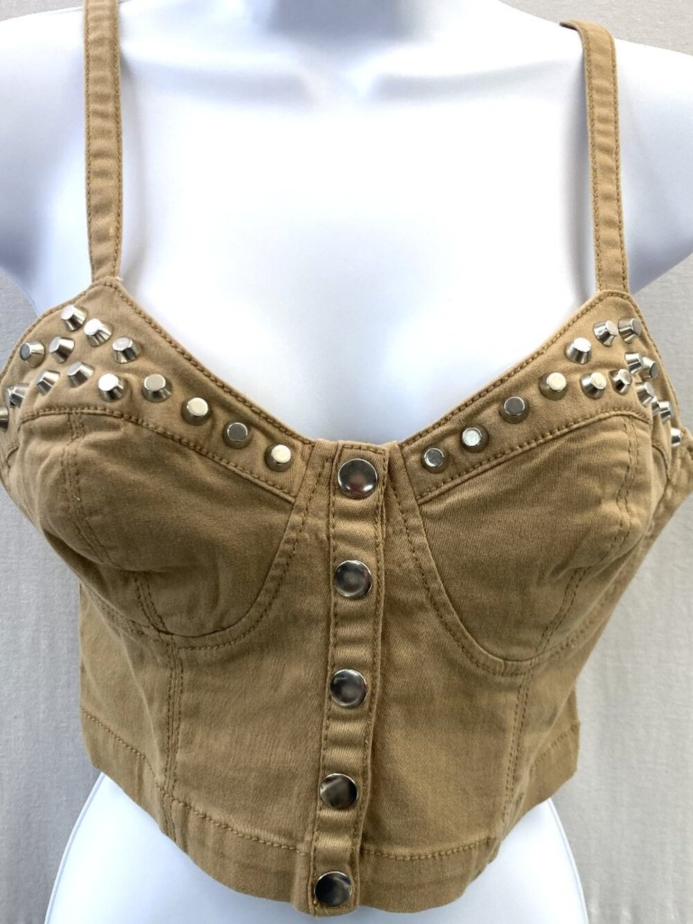 Forever 21 Women's Khaki Studded and Front Snap Crop-top - Size Medium